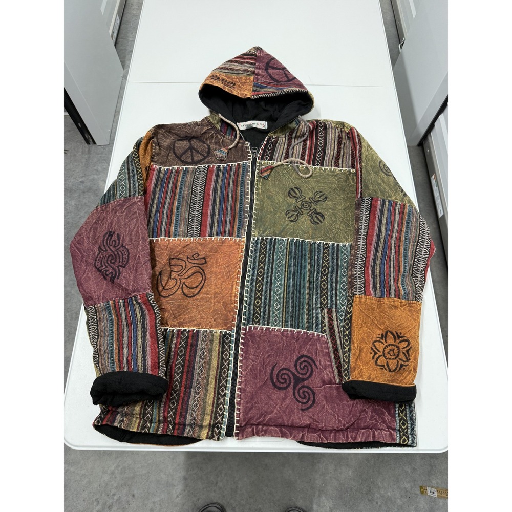 Funky Threads Hooded Patchwork Jacket Symbol Peac… - image 1